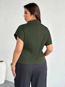 Firerie Plus Size Women Casual Elegant Vacation Ruched Collar Asymmetrical Sleeve Side Waist Commuter Bamboo Linen Fabric Blouse, Spring/Summer - Green - View 3