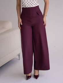 Andrea Bello 高腰百搭侧拉链阔腿裤 - 酒紅色 - 查看 4