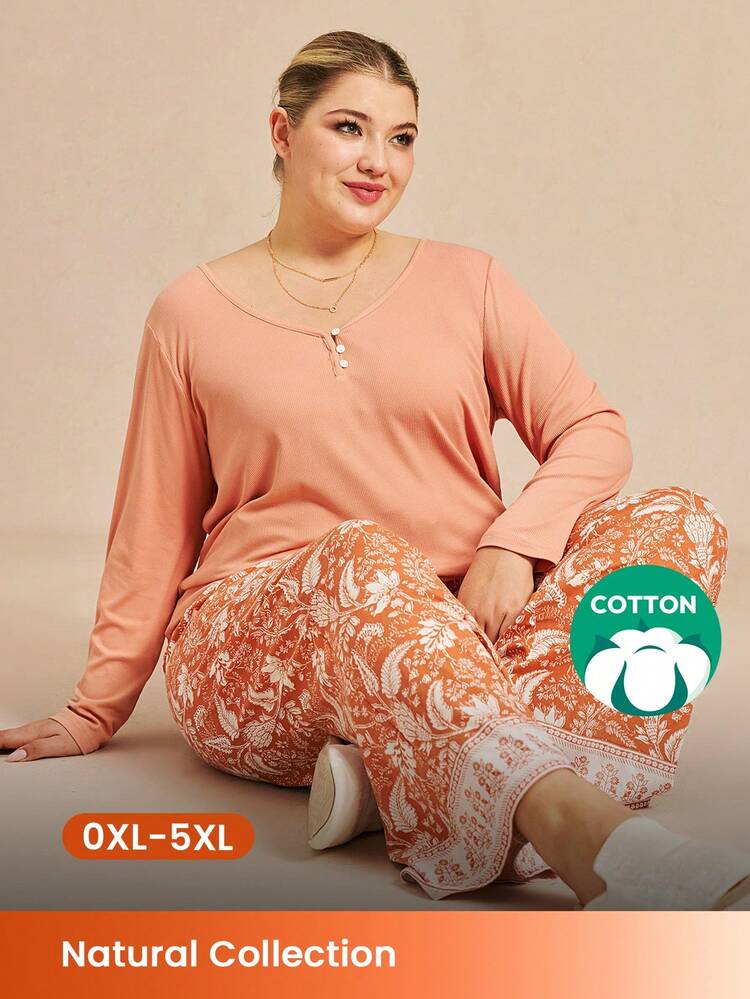 パープル ソフト ベーシック ロングTシャツ & コットン柄パンツ ルームウェア 軽快なパジャマセット レディース ポケット付きパンツ アウターウェアとしても着用可能なランジェリー ルームウェアセット レディース パジャマ