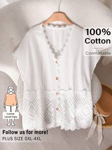 CosyJoli Atasan Longgar Lengan Kelelawar Rajutan Patchwork Patchwork Gaya Liburan Pantai Musim Panas Wanita Ukuran Plus, Atasan untuk Pergi Keluar - Putih - View 1