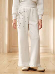 SHEIN Tween Girls' Casual Everyday Commute Versatile Rhinestone Decor Elastic Waist Loose Wide Leg Sweatpants - White - View 3