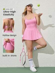 SHEIN Sovereign Charm Váy hai dây hở lưng màu trơn dành cho nữ cỡ lớn - Hồng - Xem 7