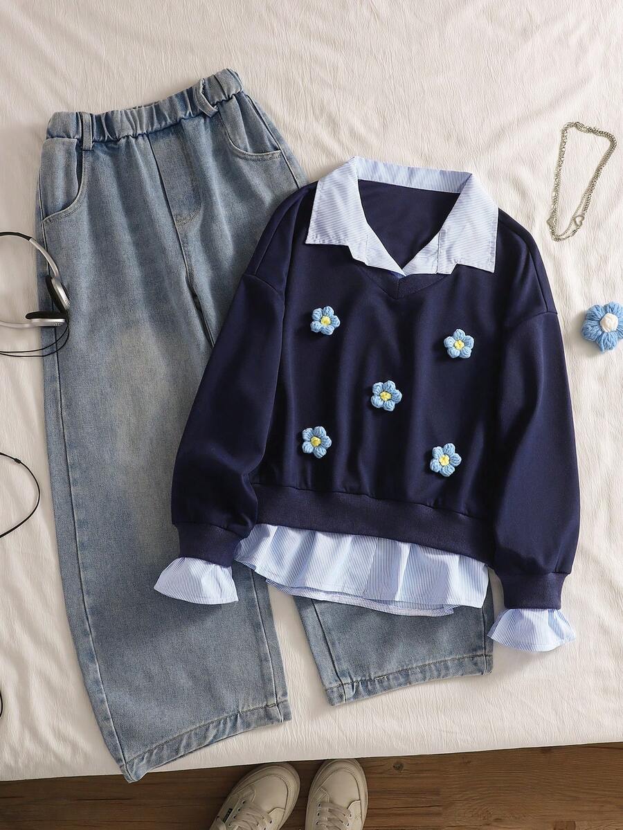 Set de 2 piezas Pantalones vaqueros y blusa a rayas con estilo colegial y parches para niñas, apropiado para uso diario y actividades al aire libre - Azul Marino - Ver 1