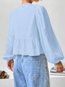 SHEIN EZwear 春夏新款雪纺女士花瓣袖蝴蝶结休闲度假衬衫 - 淺藍色 - 查看 2