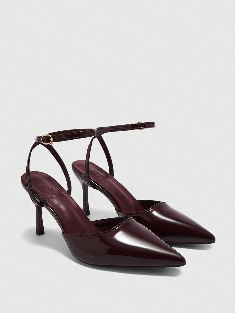CUCCOO BIZCHIC Women Shoes Women's Pointed-Toed Stiletto Burgundy Ankle Strap Women's High-Heeled Shoes After Slingback Shoes Fashion And Elegance Daily Versatile Commuter Work Women's Shoes