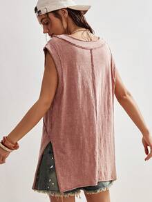 Bohemela Áo thun nữ cổ chữ V màu trơn dáng rộng, chất liệu vải mài, kiểu dáng thường ngày. - trái cam - Xem 6