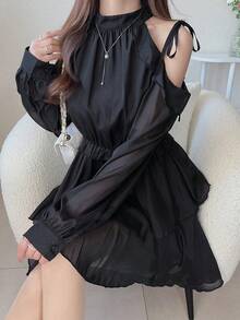 FRIFUL Women's Round Neck Cutout Shoulder Sweet Waist A-Line Short Dress - Black - View 1