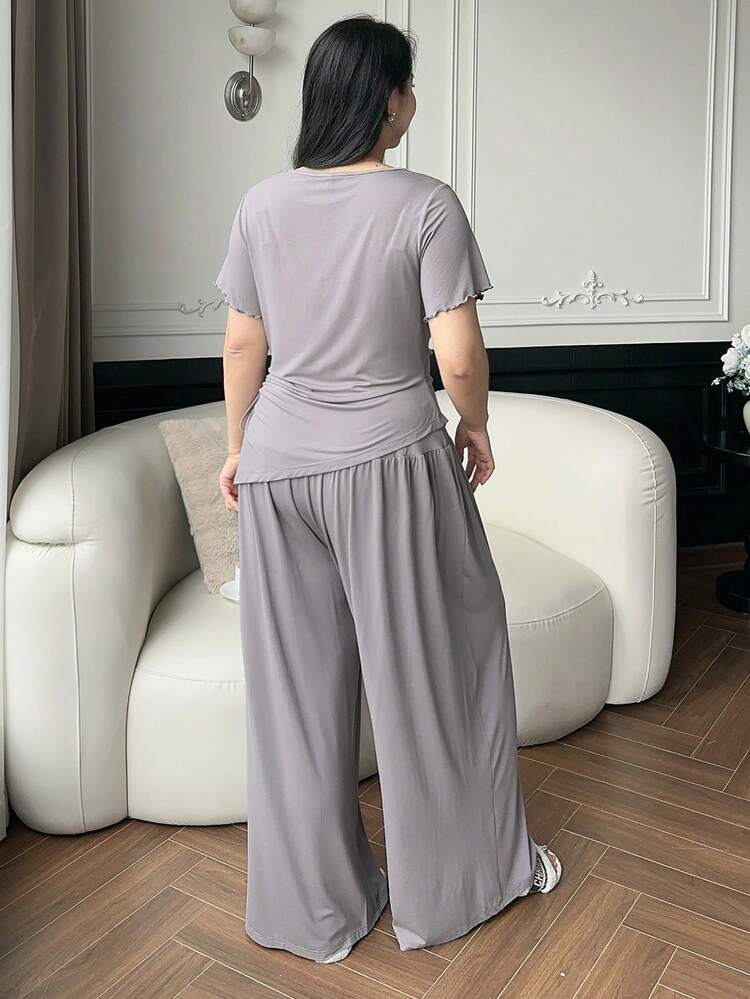 Dazy Plus Plus Size Women Solid Color Knit Draped Neck Crop Top & Wide Leg Pants/Lounge Pants Pajama Set, Spring/Summer