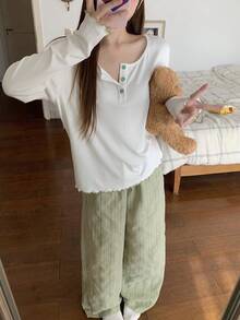 DAZY 绿色清新亨利领上衣和格子睡裤女士睡衣套装 - 綠色 - 查看 8