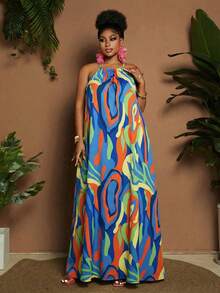 Maweii Vestido de vacaciones sin mangas de talla grande para mujer con estampado multicolor asimétrico, ajustable, de línea A, para vacaciones - Multicolor - Ver 3