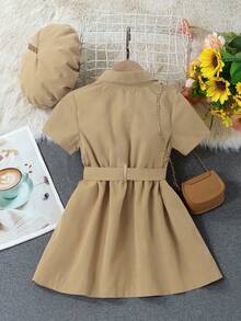 SHEIN Elladie kids Young Girl Solid Color Button Front Belted Short Sleeve Dress + Hat - Khaki - View 2