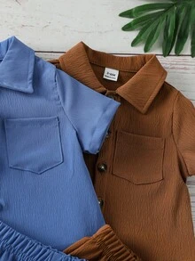 SHEIN Vintaside Kids 6件套男婴休闲简约舒适面料翻领衬衫短裤套装，多色可选，适合夏季穿着 - 彩色 - 查看 5