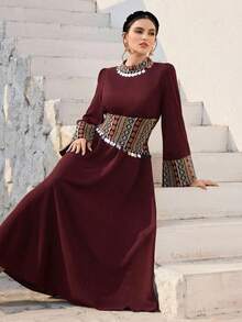 Al Najma 女士撞色复古长袖喇叭袖收腰土耳其长裙和阿拉伯传统罩袍 - 酒紅色 - 查看 8