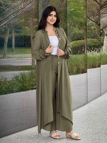 Veilorie Women's Solid Color Front Button Asymmetric Hem Long Sleeve Top And Pants Elegant 2 Pieces Set - Army Green - View 10