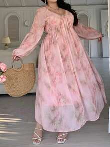Dazy Plus Plus Size Women Chiffon Floral Print Patchwork Tie-Waist Maxi Dress, Elegant Resort Style For Spring/Summer Sundress Boho Vacation Outfits Women - Pink - View 2