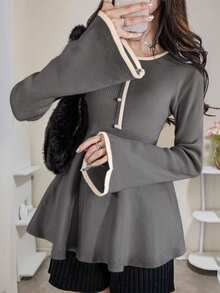 FRIFUL Women's Contrast Color Minimalist Crew Neck Long Sleeve Sweater, Everyday Wear - Dark Grey - View 5