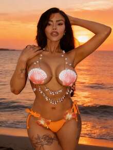 Swim SXY 女士性感露背吊带珍珠贝壳上衣，饰有花朵流苏 - 粉色 - 查看 3