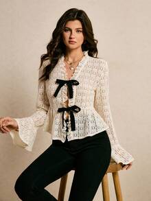 Poéselle 女士时尚优雅系带镂空喇叭袖T恤 - 杏色 - 查看 5