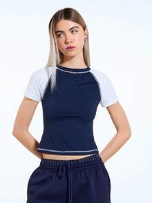 COUREZ 短袖长款插肩T恤，撞色缝线细节 / Y2K 春季可爱上衣 颓废休闲基础款上衣 外出派对锐舞节上衣 夏季T恤 - 藏蓝色 - 查看 1