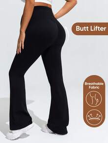 SHEIN Maternity High Waist Solid Color Flared Yoga Pants,Word Cup - Black - View 2