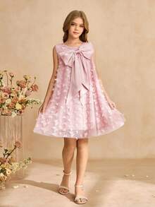 SHEIN Đầm công chúa thanh lịch cho bé gái tuổi teen, đầm phồng 3D dễ thương, nơ lớn trang trí vai, đầm chữ A rộng không tay, thích hợp cho tiệc tùng, sinh nhật, đi chơi, biểu diễn, đầm lưới màu hồng. - Hồng - Xem 6