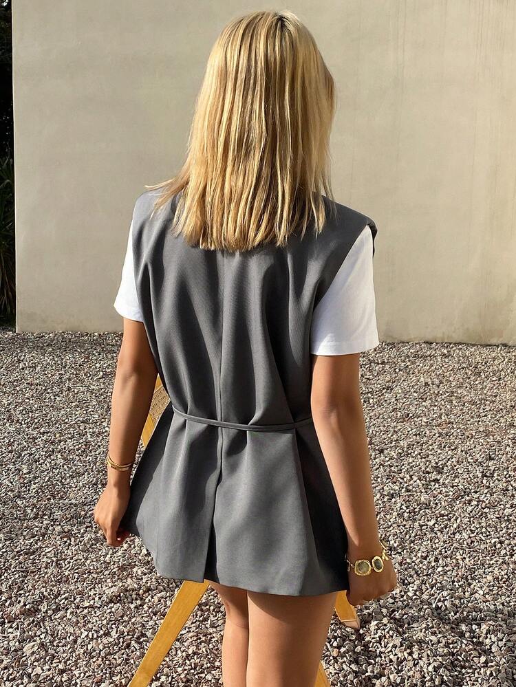 Women's Loose Solid Color Lapel Sleeveless Belted Casual Lightweight Spring/Summer Blazer