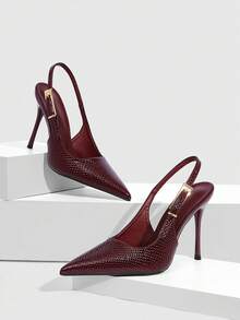 CUCCOO SZL Women's Faux Snake Skin Metallic Buckle Decor Pointed Toe High Heel Shoes, Burgundy - 22-28 Burgundy - View 2