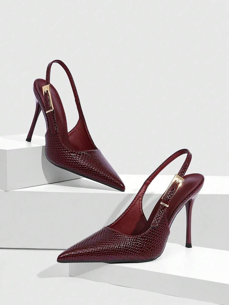 CUCCOO SZL Women's Faux Snake Skin Metallic Buckle Decor Pointed Toe High Heel Shoes, Burgundy