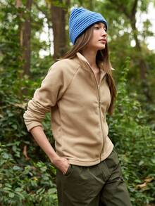 In My Nature Women's Solid Color Raglan Sleeve Zipper Front Outdoor Fleece Jacket Hiking Tops For Women Gym Zip Up Jacket Women's Outdoor Clothes Fleece Jacket Women Khaki Jackets - Brown - View 2