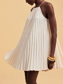 Travachic Elegant White Polka Dot Summer Mini Dress,Heavy-Duty Pleated A-Line Vacation Outfits For Women,Boho Chic Holiday Beach Sun Dress,Old Money Style - Apricot - View 4