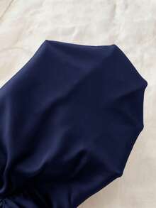 SHEIN Teen Girls Solid Navy Blue Knit Casual Minimalist Polka Dot Print Fitted Asymmetric Ruched Camisole Tops, Suitable For Spring/Summer, Casual, Personalized Styling, Daily Wear - Navy Blue - View 5