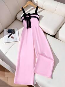 SHEIN Tween GirlsSweet & Cool Contrast Color 3D Bow Decor Sleeveless Wide Leg Jumpsuit, Casual Wear & Party, Spring/Summer Girls Summer Jumpsuit Bow Detail Jumpsuit Pink Jumpsuit Girls Kids Fashion Jumpsuit Jumpsuits For Girls Pink Jumpsuit For Girls - Pink - View 5