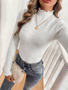 SHEIN LUNE 女式长袖修身针织纯色超柔软保暖休闲 T 恤，秋冬季 - 白色 - 查看 4