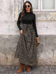 SHEIN LUNE 女士纯色、印花、拼接简约休闲长裙 - 黑色 - 查看 3