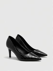 CUCCOO BIZCHIC 女士尖头细高跟黑色压纹简约高跟鞋，适合户外通勤、日常穿着、工作、聚会、宴会等场合。 - 深黑 - 查看 7