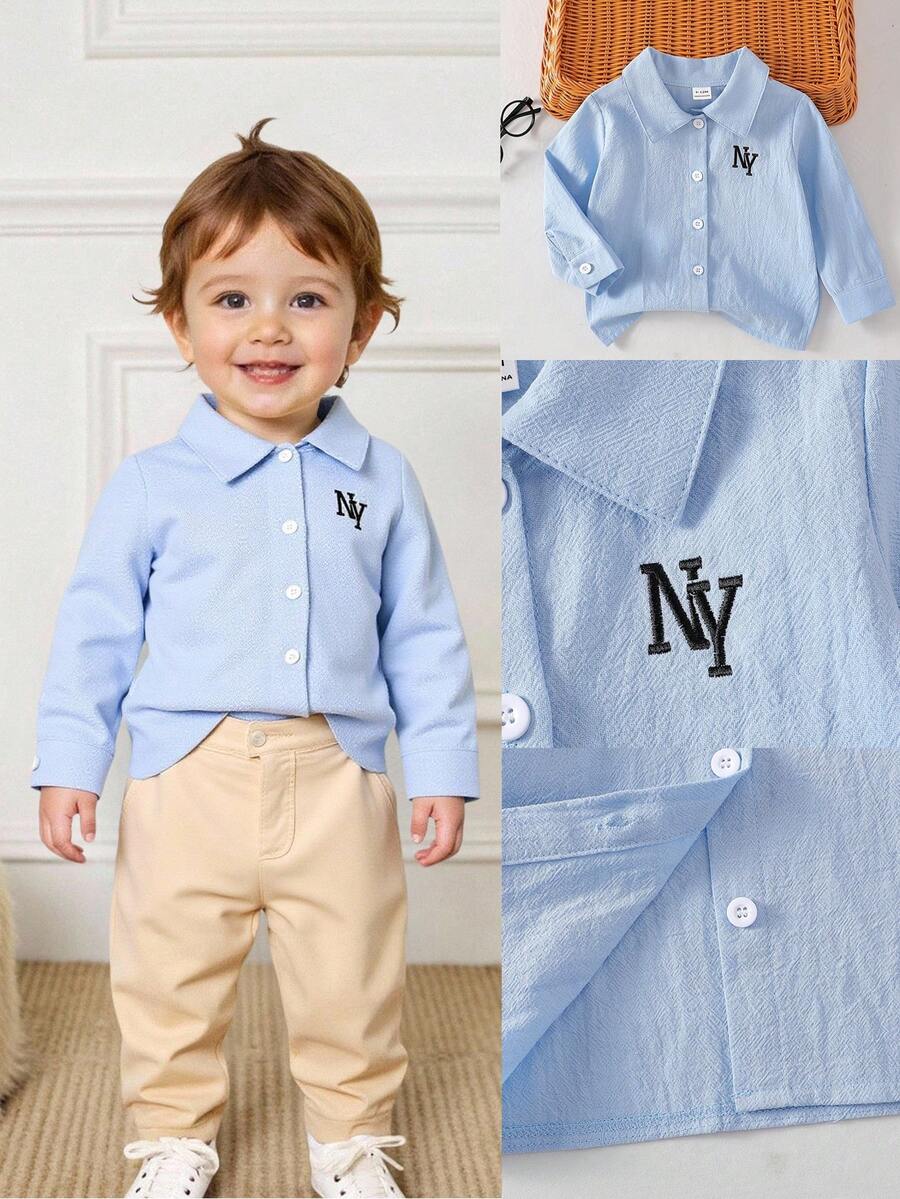 SHEIN Infant Boys' Classic Letter Embroidered Long Sleeve Shirt, Comfortable For Spring/Autumn, Suitable For Party, Daily Wear, School And Travel - Blue - View 1