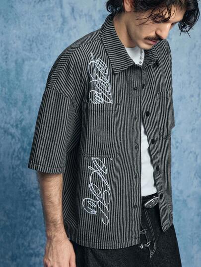 ROMWE MEN Prep Men's Casual Striped Letter Embroidered Denim Jacket