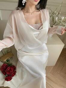 DAZY Women's Sheer Long Sleeve Loose Blouse And Long Satin Slip Dress Elegant 2 Pieces Set - Champagne - View 4