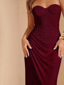 SHEIN Tall CURVE 大码女士纯色修身吊带派对连衣裙 - 酒紅色 - 查看 9