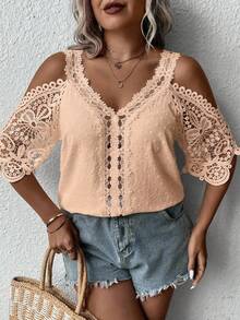 SHEIN Clasi Plus Size Summer Solid Color Patchwork Lace Swiss Dot Off-Shoulder Blouse - Coral Pink - View 1