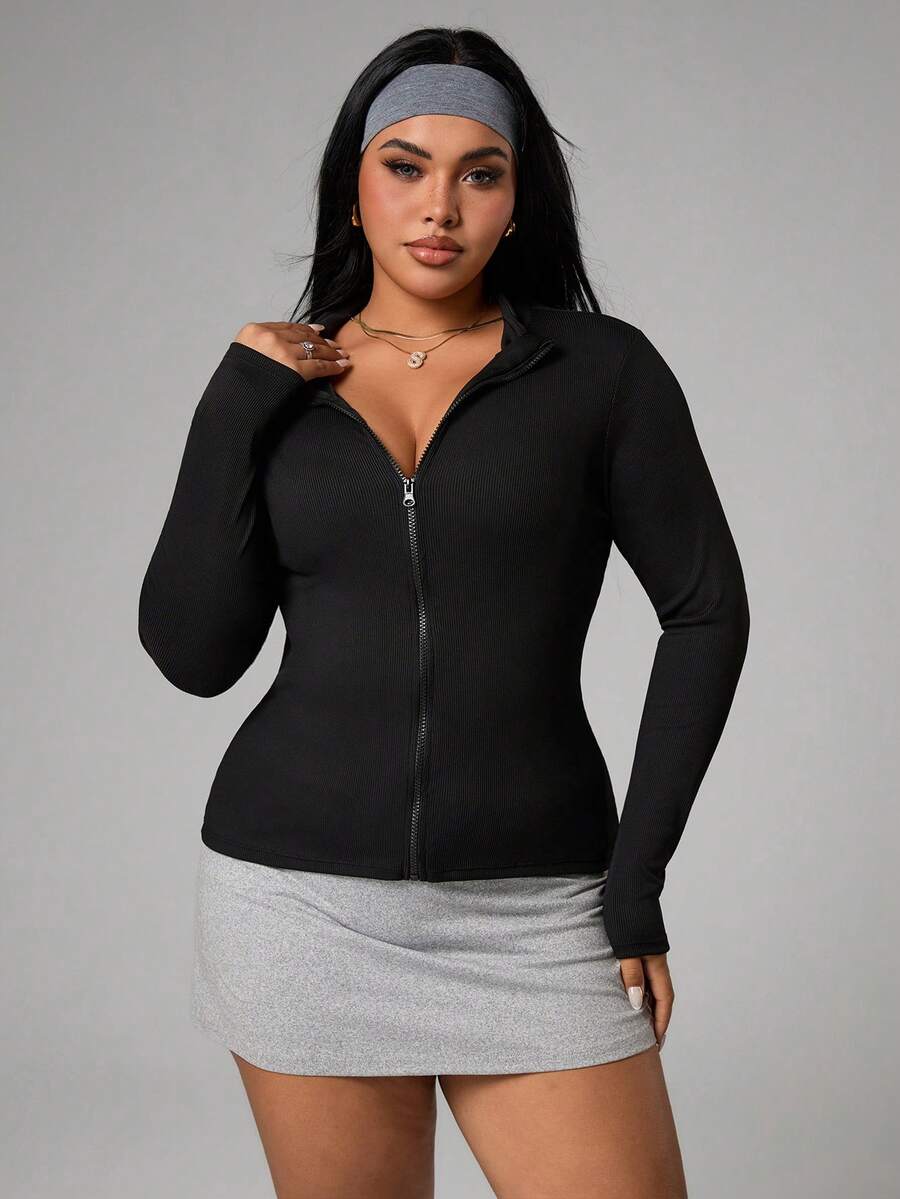 SHEIN Sports 女士加大码纯色长袖拉链修身运动夹克 - 黑色 - 查看 1