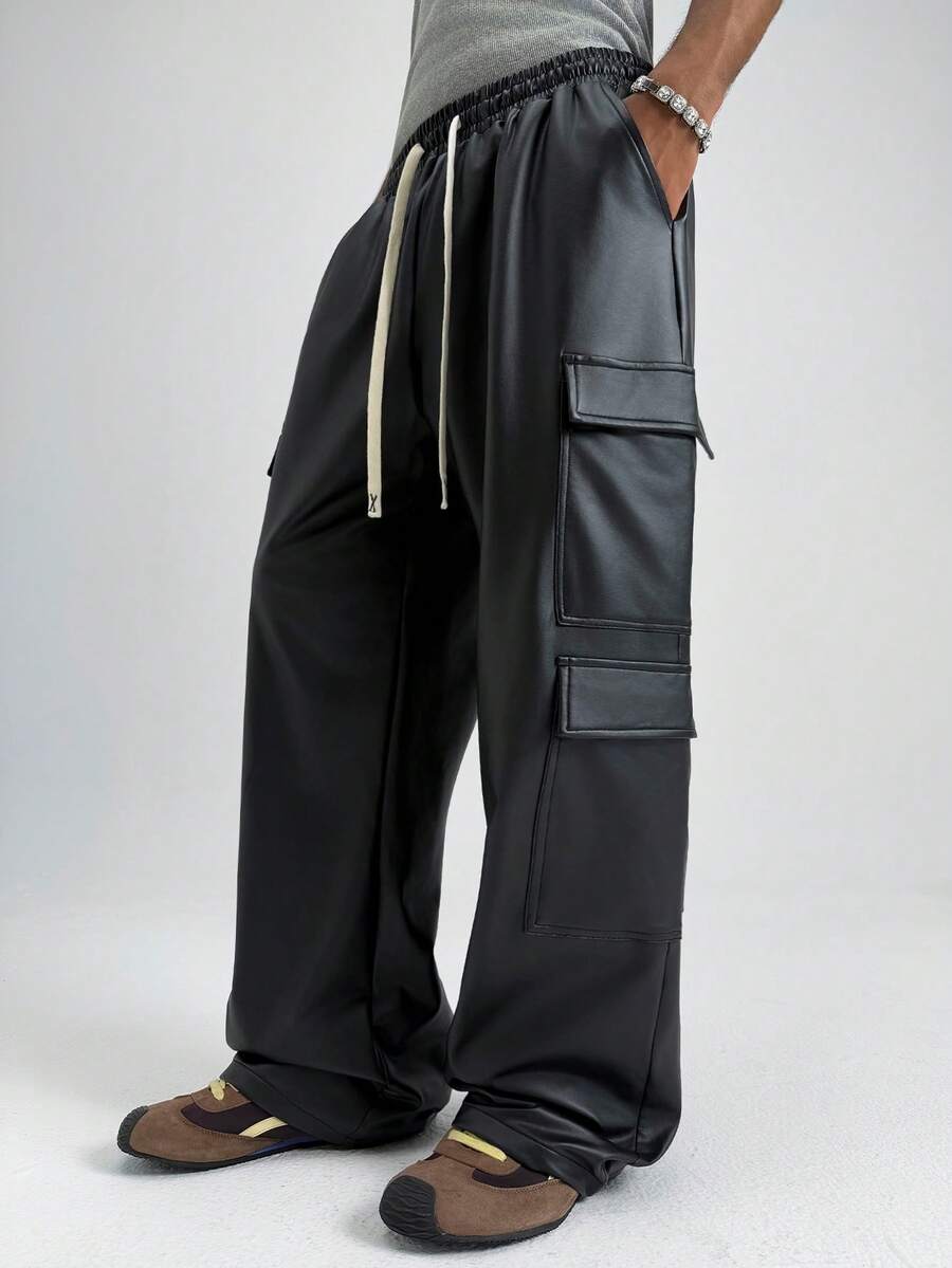 PAVTROS Men's Black PU Leather Pants,Loose Straight Leg & Baggy Wide Trousers,Autumn Streetwear Work Style,Oversized Vintage Y2k Pants For Party, - Black - View 1