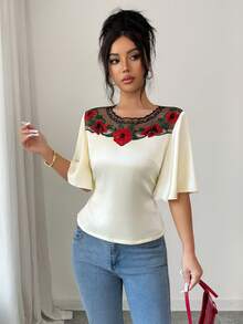 SHEIN Elenzya 女士优雅纯色米黄色刺绣网纱喇叭袖交叉露背系带腰身衬衫，适合夏季穿着，女士度假装，夏季上衣，女士夏季商务休闲装，适合办公室、通勤、外出等场合。 - 米色 - 查看 8