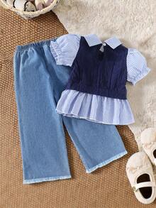 SHEIN Playful Pals 2pcs/Set Toddler Girls' Fashion Cute Casual Denim Outfit, Puff Sleeve Shirt With Collar, Colorblock & 3D Flower Decor + 3D Flower Denim Pants, Spring/Summer - Navy Blue - View 2