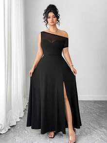Elenzga Women's Plus Size Black Summer Elegant Formal Dinner Evening Dress,Mesh Patchwork Waist,Fitted Asymmetric Hem High Slit For Club Parties&Gatherings - Black - View 5