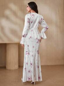 Graceveil Bộ đồ 2 mảnh dành cho nữ, gồm áo và chân váy tay loe in hoa thanh lịch, thích hợp cho mùa thu. - Nhiều màu - Xem 5