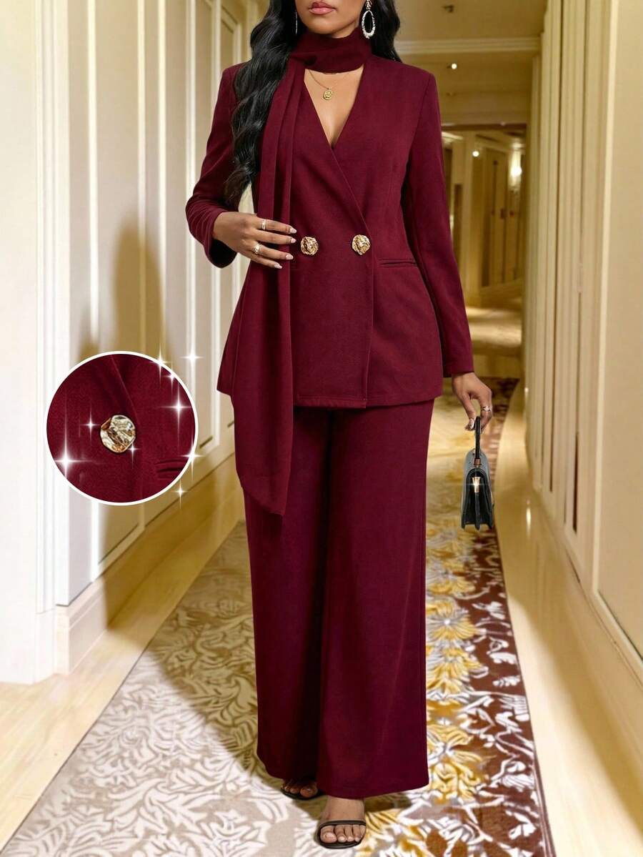 SHEIN Lady Women's Elegant Burgundy Office Summer Scarf Suit,Solid Color Double-Breasted Blazer Set And Classy Pant Suits 2 Pieces Sets For Women - Burgundy - View 1