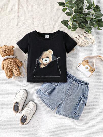 SHEIN Playful Pals 嬰兒男寶寶熊印花上衣