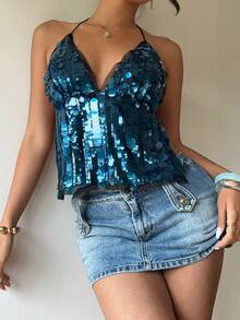 Siren Gaze Women Tie Backless Sequin Halter Top, 70s Retro Top, Summer Party Nightclub Style, Music Festival Island Vacation - Blue - View 6