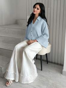 Modelyn Women's Casual Commuter Textured Button-Front Shirt, Autumn - Blue - View 4